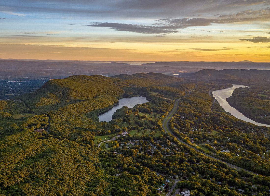 Holyoke, MA - Aerial View of Mt. Tom in Holyoke, Massachusetts During Sunset