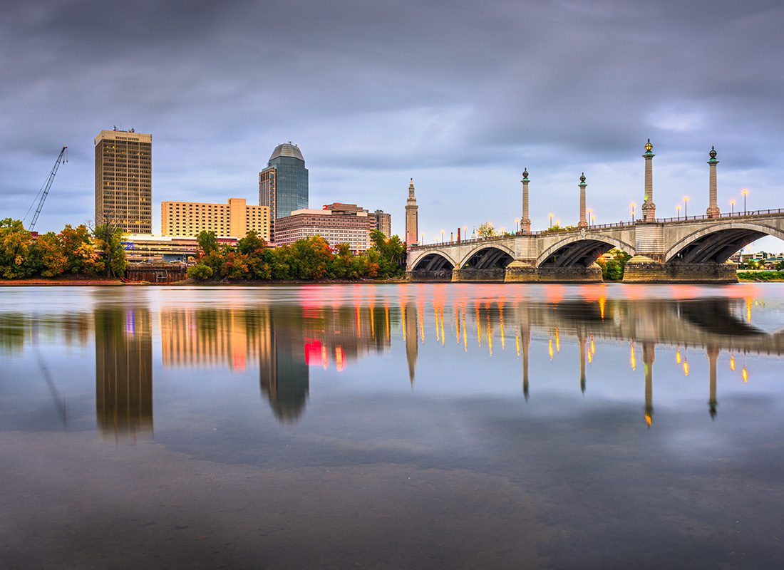 Springfield, MA - Aerial View of City Buildings and a Bridge in Springfield, MA